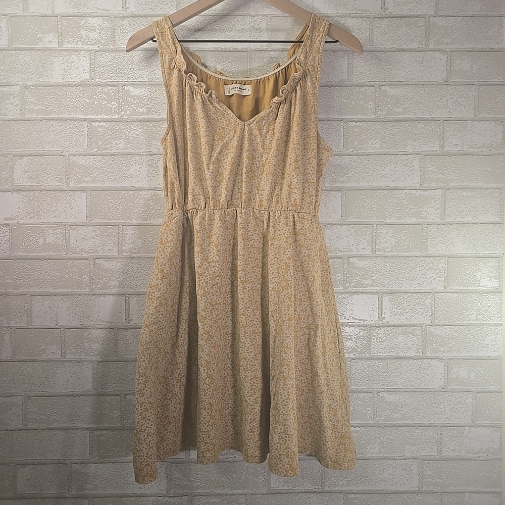 Lucky Brand Yellow Short Spring Floral Sleeveless Dress Ruffled Neck Medium - Picture 3 of 6